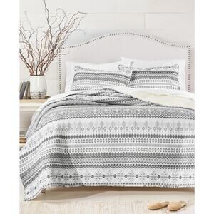 $160 Martha Stewart Fair Isle Quilted Reversible Flannel Quilt, Twin, Gray